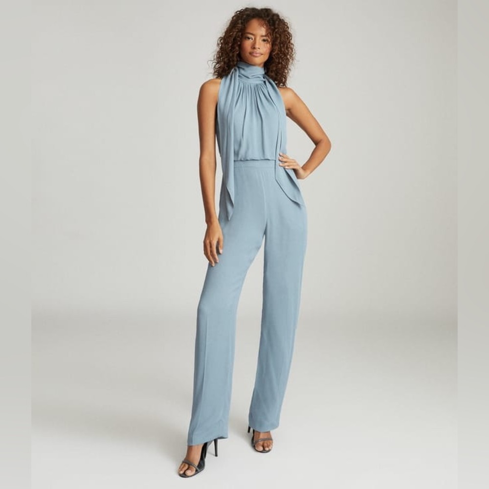 Reiss Adele Sleeveless High Neck Bow Detail Jumpsuit in Pale Blue Size 8 NWT